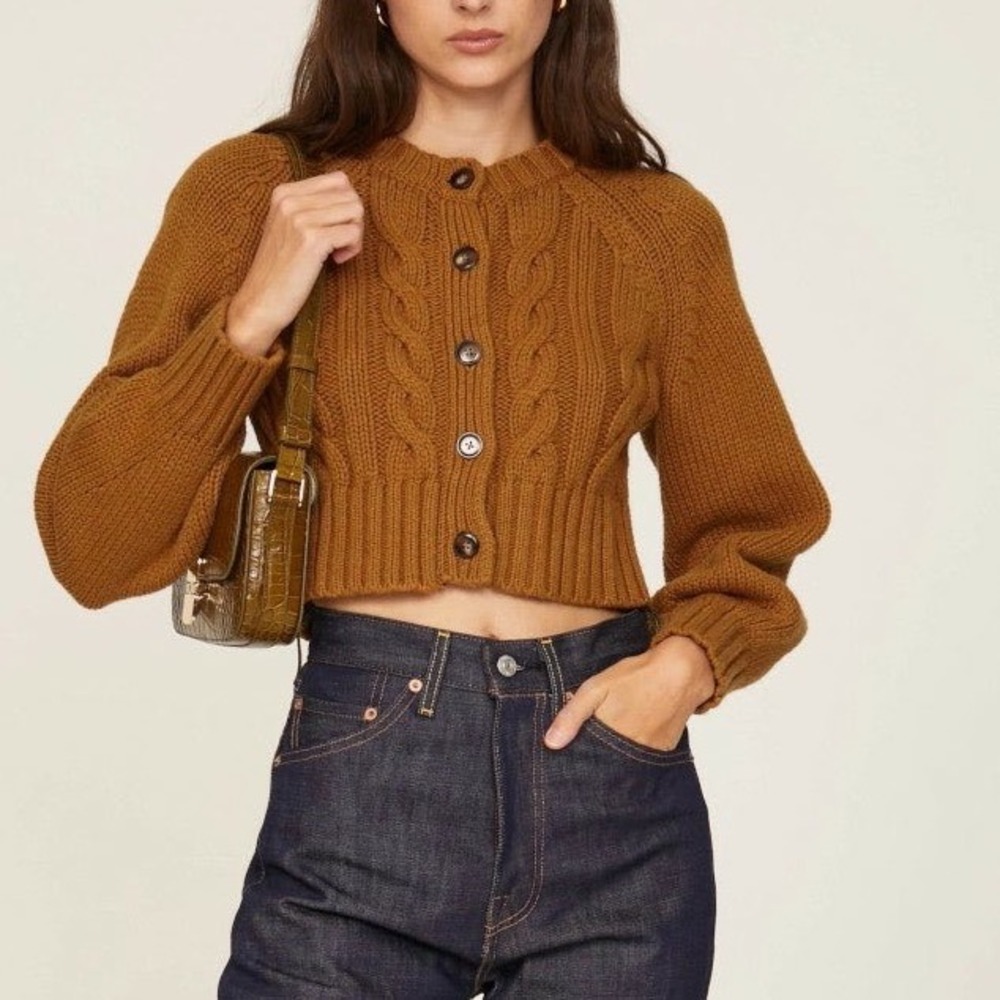Toccin x RTR Cable Knit Cropped Cardigan Sweater Brown Balloon Sleeve XS d5